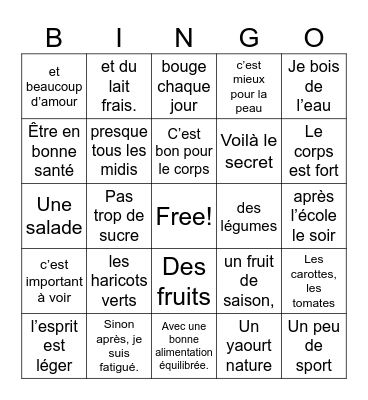 Je mange sain Bingo Card
