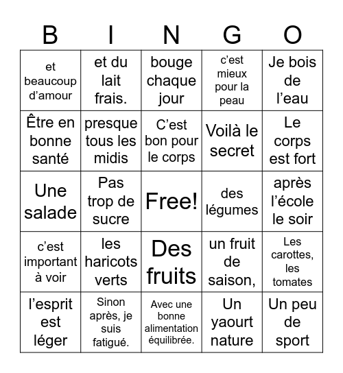 Je mange sain Bingo Card