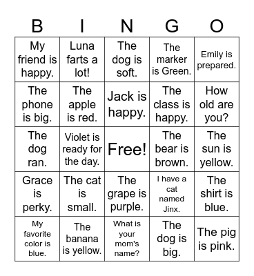 Simple Sentence Bingo Card