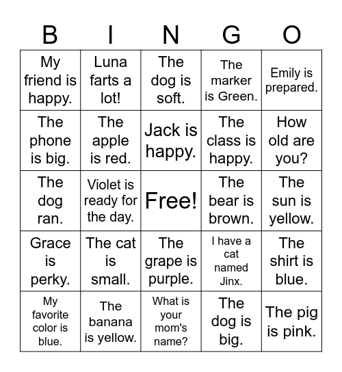 Simple Sentence Bingo Card