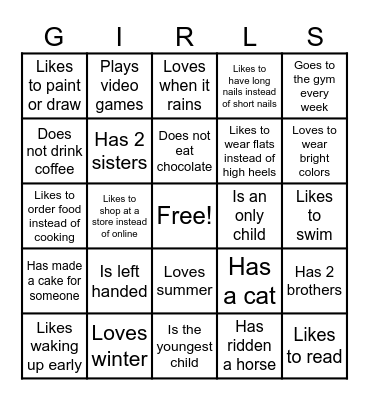 No Boys Allowed Bingo Card