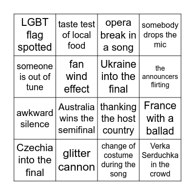 Eurovision Bingo Card