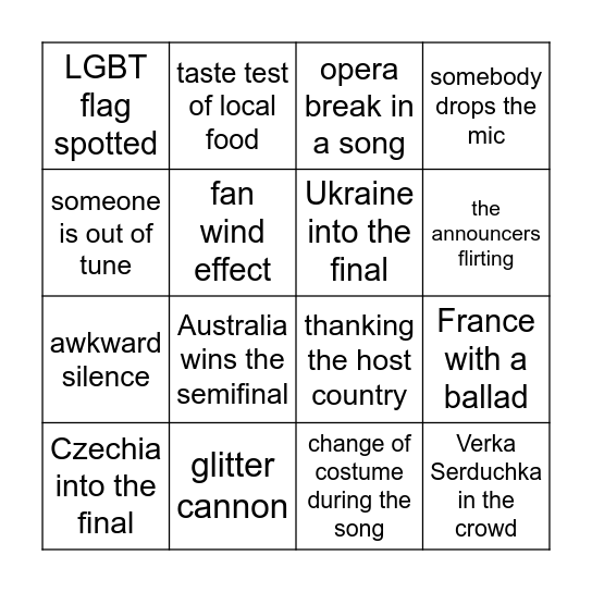 Eurovision Bingo Card