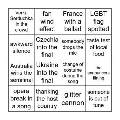 Eurovision Bingo Card