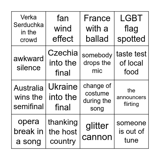 Eurovision Bingo Card