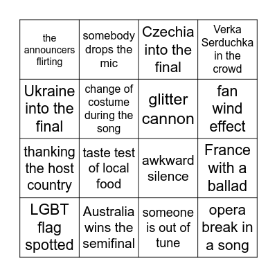 Eurovision Bingo Card
