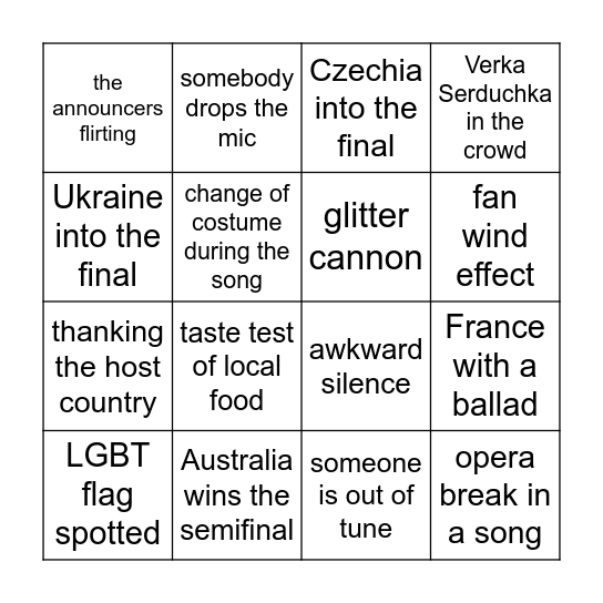 Eurovision Bingo Card