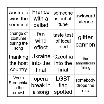 Eurovision Bingo Card