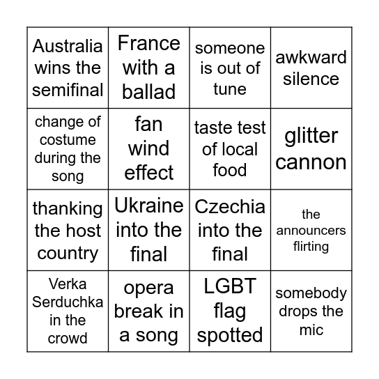Eurovision Bingo Card