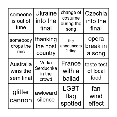 Eurovision Bingo Card