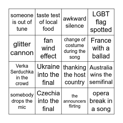 Eurovision Bingo Card