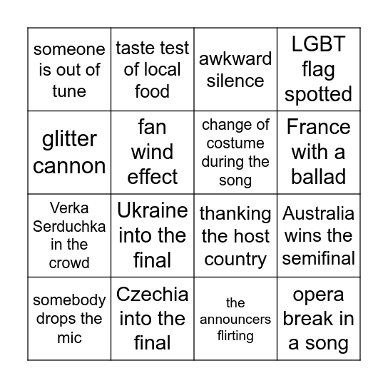 Eurovision Bingo Card