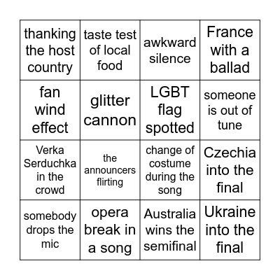 Eurovision Bingo Card