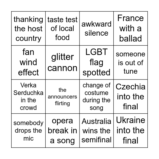 Eurovision Bingo Card