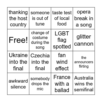 Eurovision Bingo Card