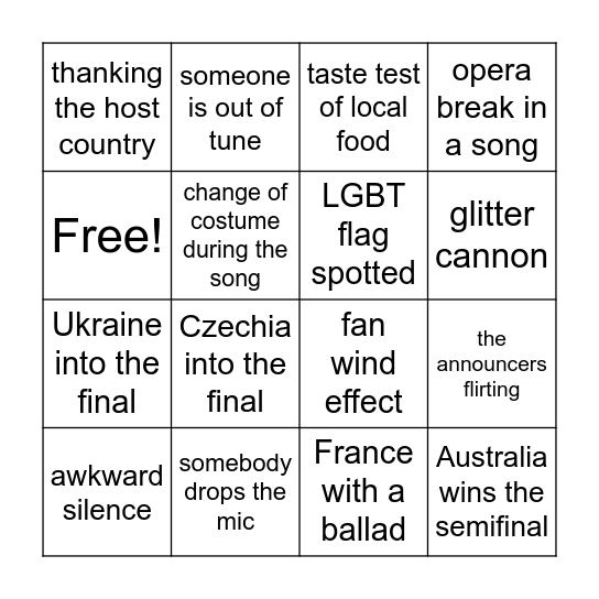 Eurovision Bingo Card