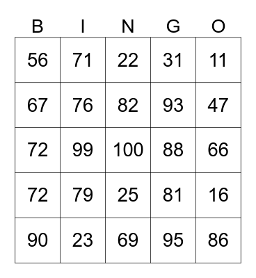 Numbers Bingo Card
