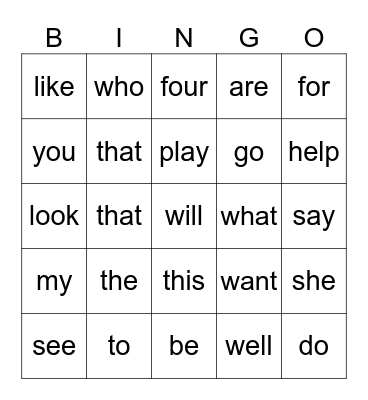 Learning my Sight Words Bingo Card