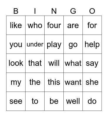 Learning my Sight Words Bingo Card