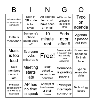 Staff Meeting Bingo Card