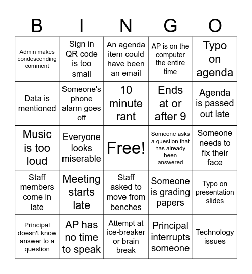Staff Meeting Bingo Card