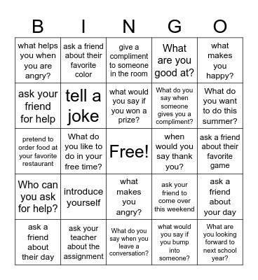 Social Skills Bingo Card