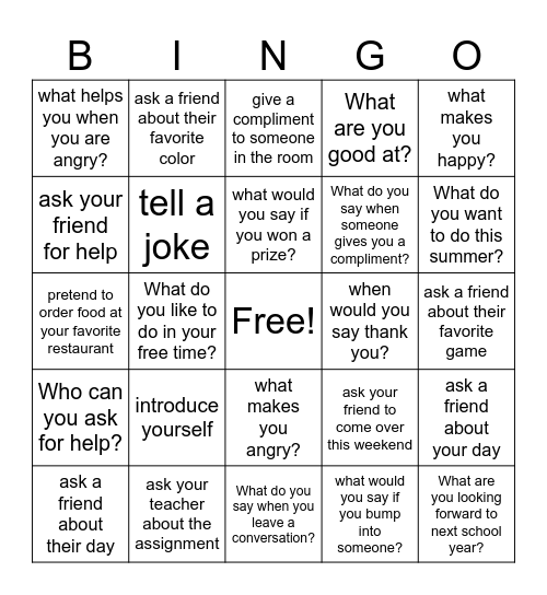 Social Skills Bingo Card
