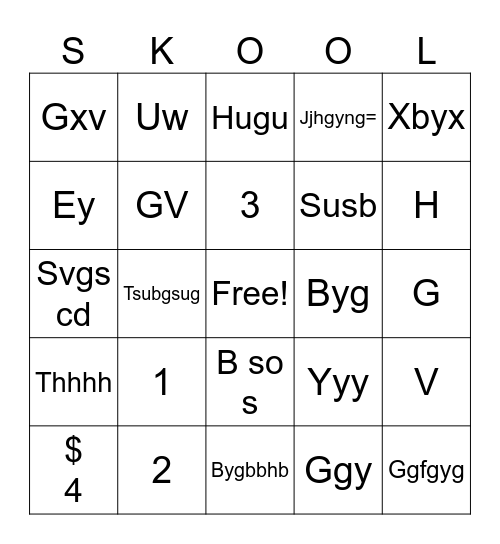 School Bingo Card