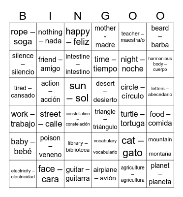 Nahuatl Vocabulary Bingo Card