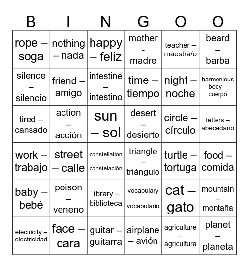 Nahuatl Vocabulary Bingo Card