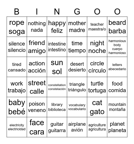 Nahuatl Vocabulary Bingo Card