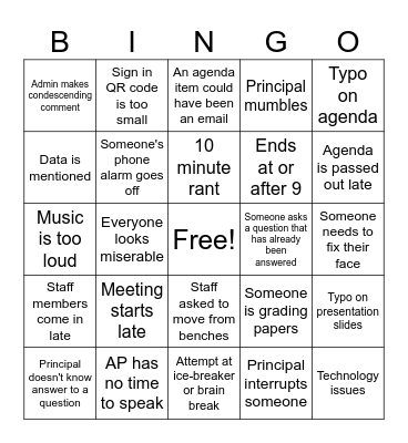 Staff Meeting Bingo Card