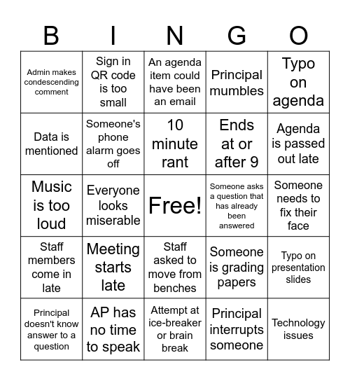 Staff Meeting Bingo Card