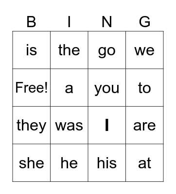 Sight Words Bingo Card