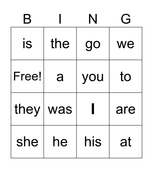 Sight Words Bingo Card