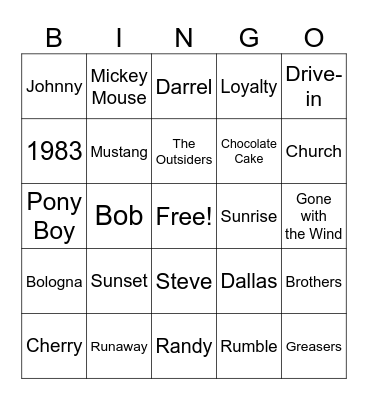 The Outsiders Bingo Card