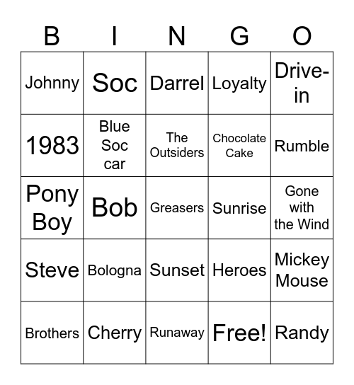 The Outsiders Bingo Card
