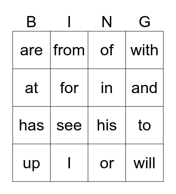 Sight Word Bingo Card