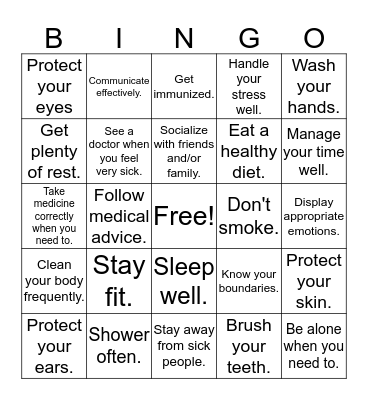Common Sense Healthy Behaviors Bingo Card
