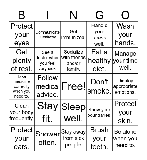 Common Sense Healthy Behaviors Bingo Card