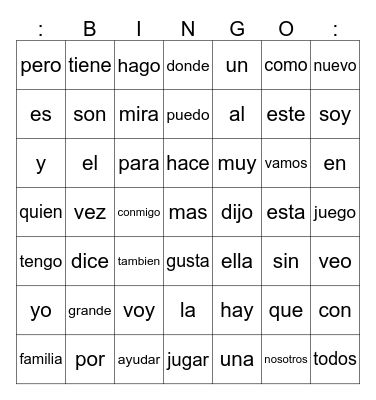 Palabras de uso frecuente Bingo Card