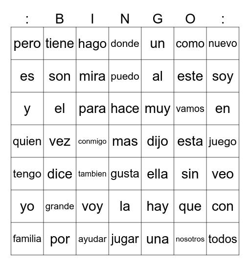 Palabras de uso frecuente Bingo Card