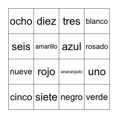 Spanish Colors and Numbers Bingo Card