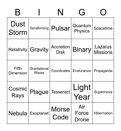 INTERSTELLAR Bingo Card