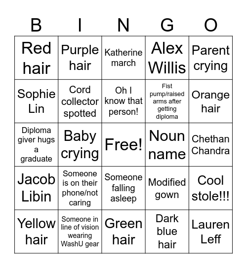 WashU 2026 Graduation BINGO Card