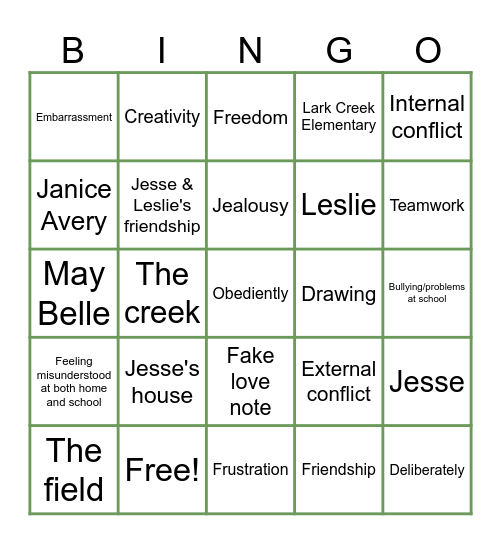 Bridge to Terabithia Bingo Card