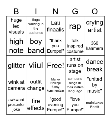 Eurovision Bingo Card