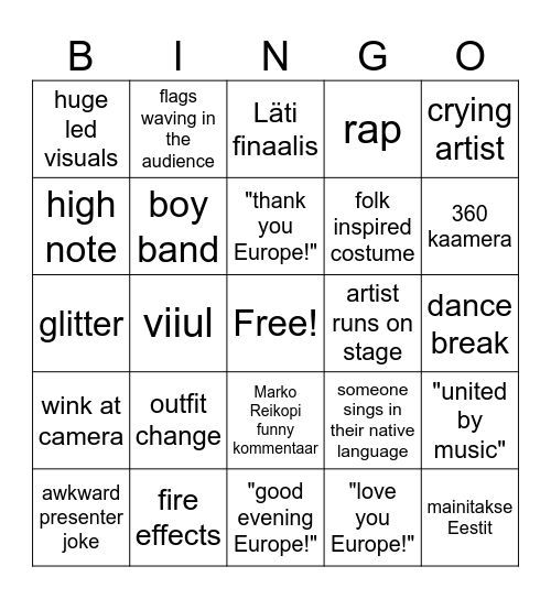 Eurovision Bingo Card