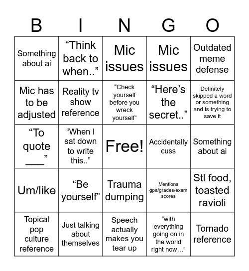 Round 2 - Speeches! Bingo Card