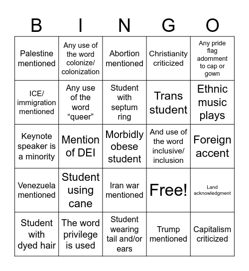 Bennington Graduation Bingo Card